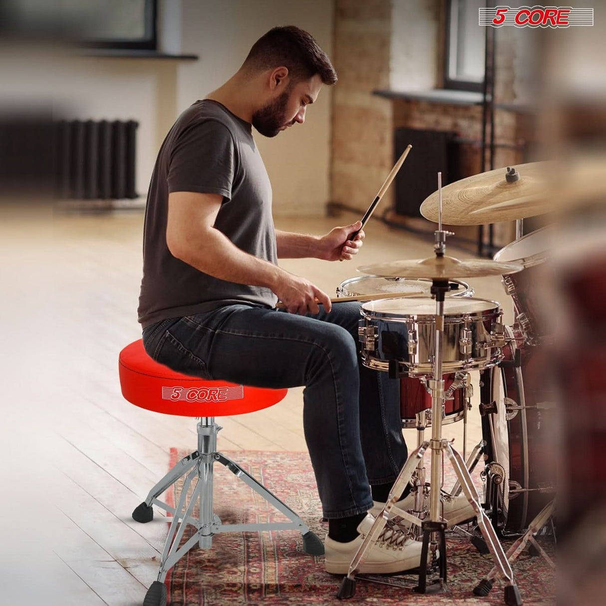 Adjustable padded seat stool with built-in drum practice pad