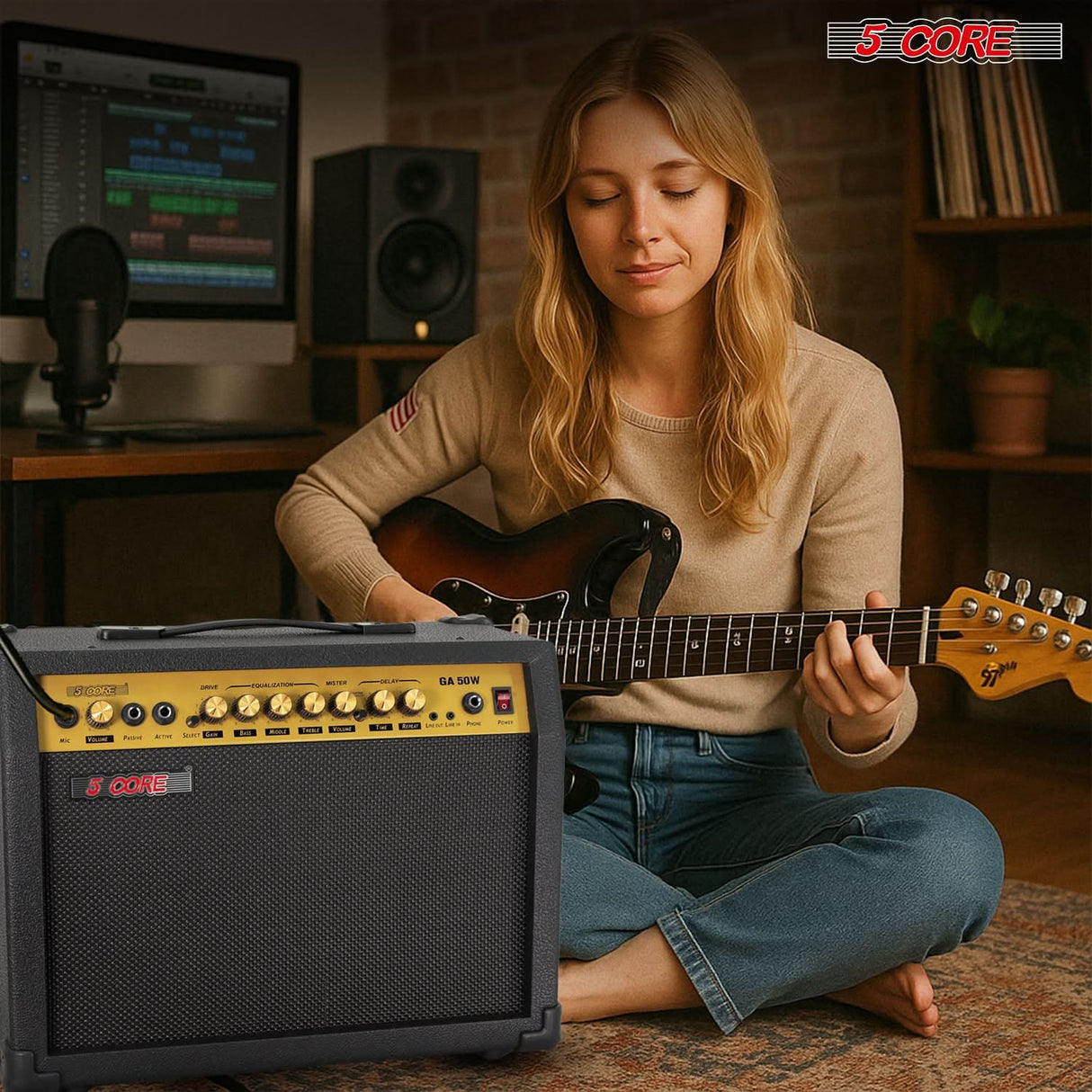 5 Core Guitar Amp 50 Watt Electric Amplifier w Built in 8" Speaker Portable Mini Amps w Aux
