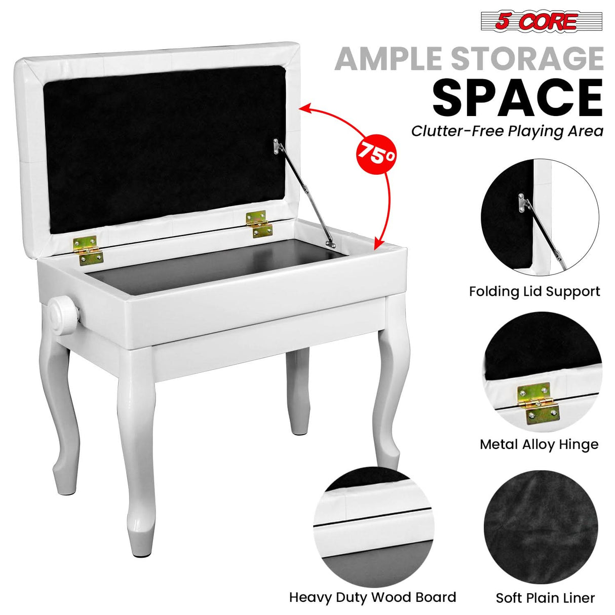 5 Core Piano Bench 3" Padded Cushioned Stool Wooden Heavy Duty Adjustable Musician Chair w Storage