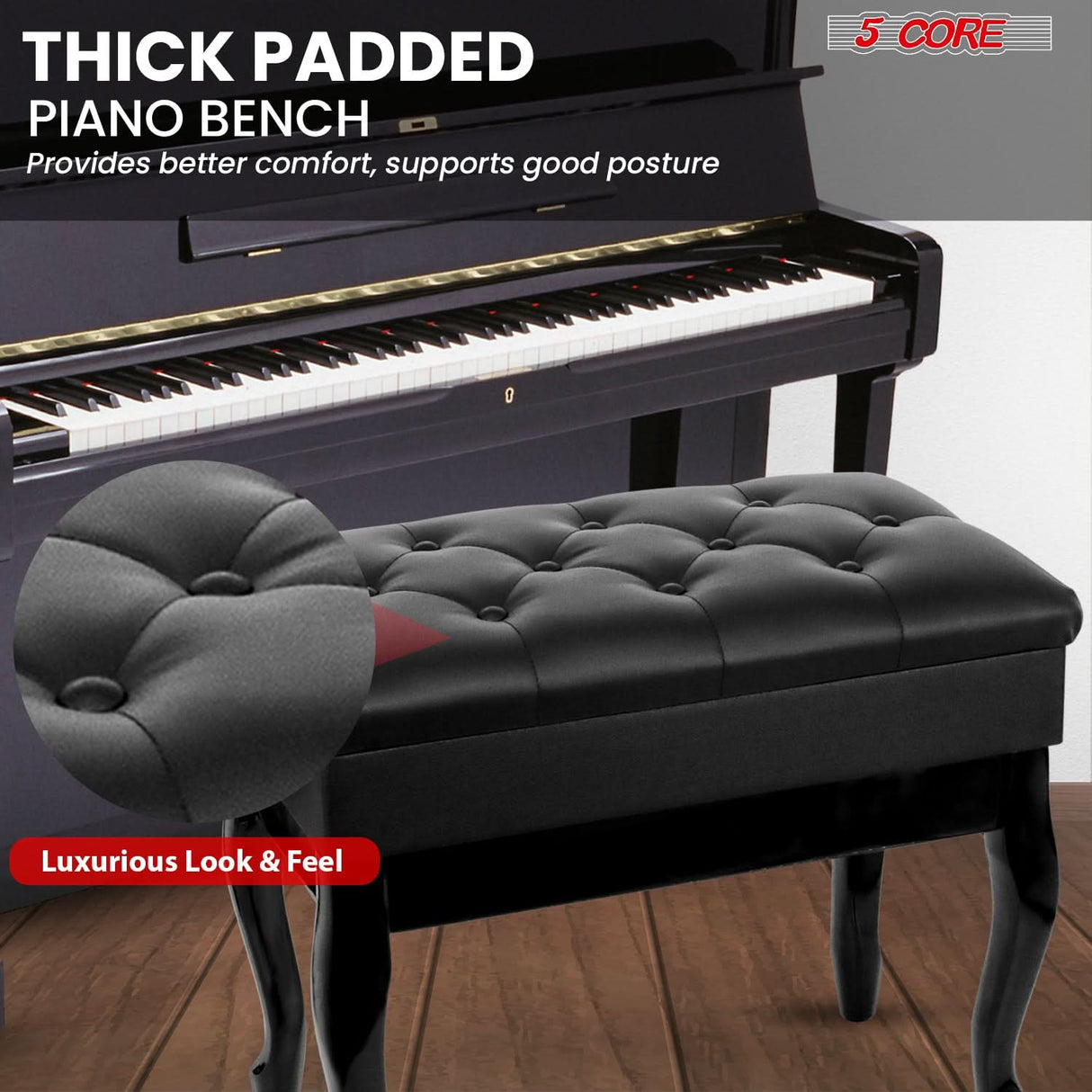5 Core Piano Bench 3" Padded Cushioned Stool Wooden Heavy Duty Adjustable Musician Chair w Storage