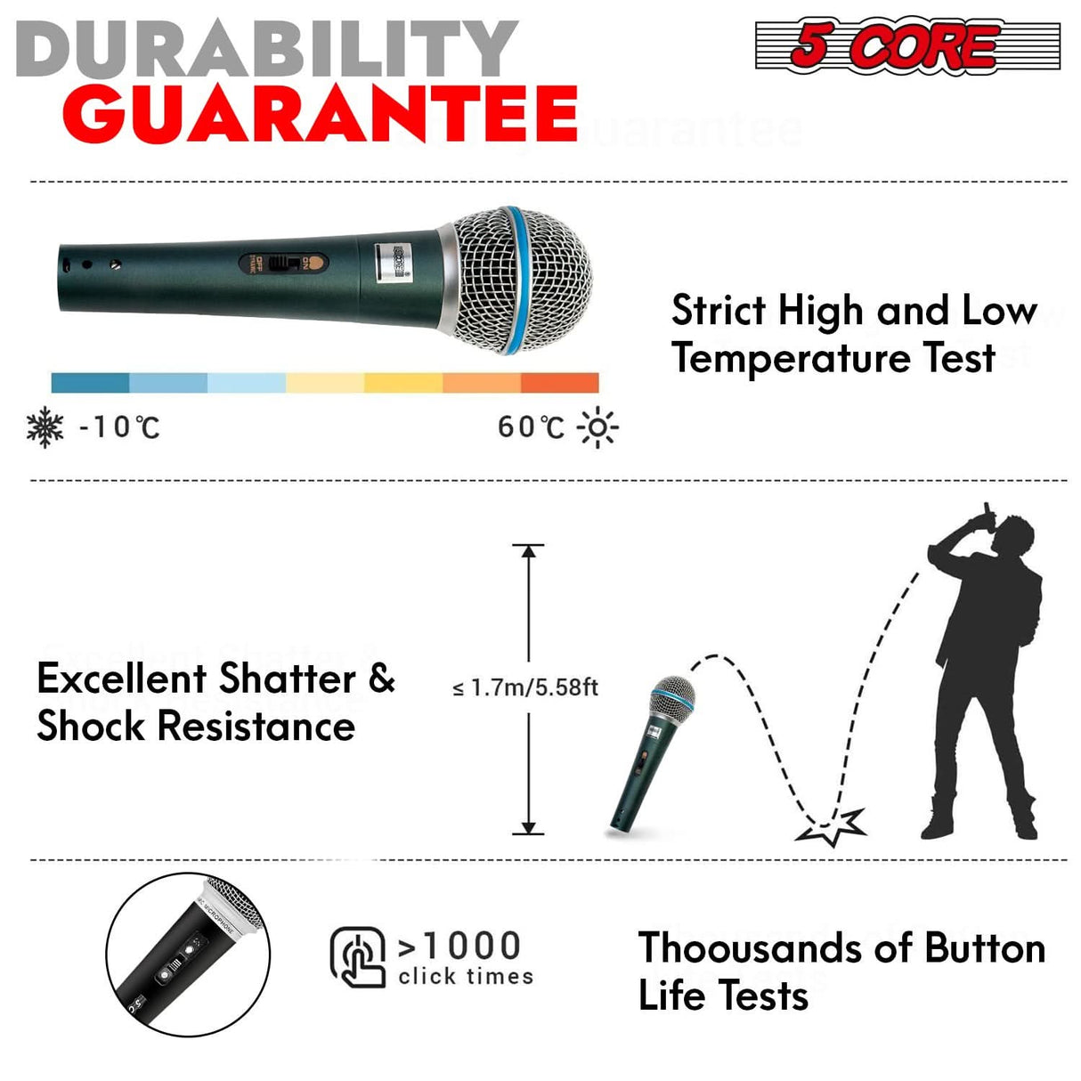 5 Core Microphone Dynamic Karaoke XLR Mic Cardioid Unidirectional Handheld Wired Singing Microfono