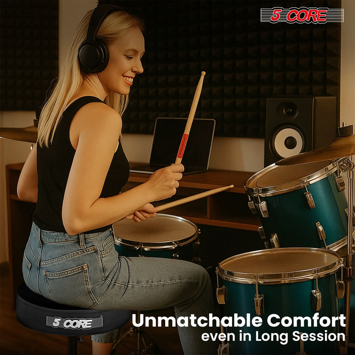 5 Core Drum Throne 3" Thick Padded Memory Foam Comfortable Drummer Stool 330Lb Capacity Adjustable