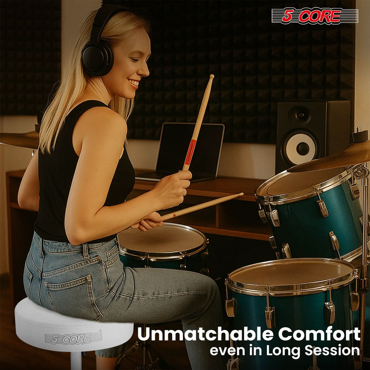 5 Core Drum Throne 3" Thick Padded Memory Foam Comfortable Drummer Stool 330Lb Capacity Adjustable