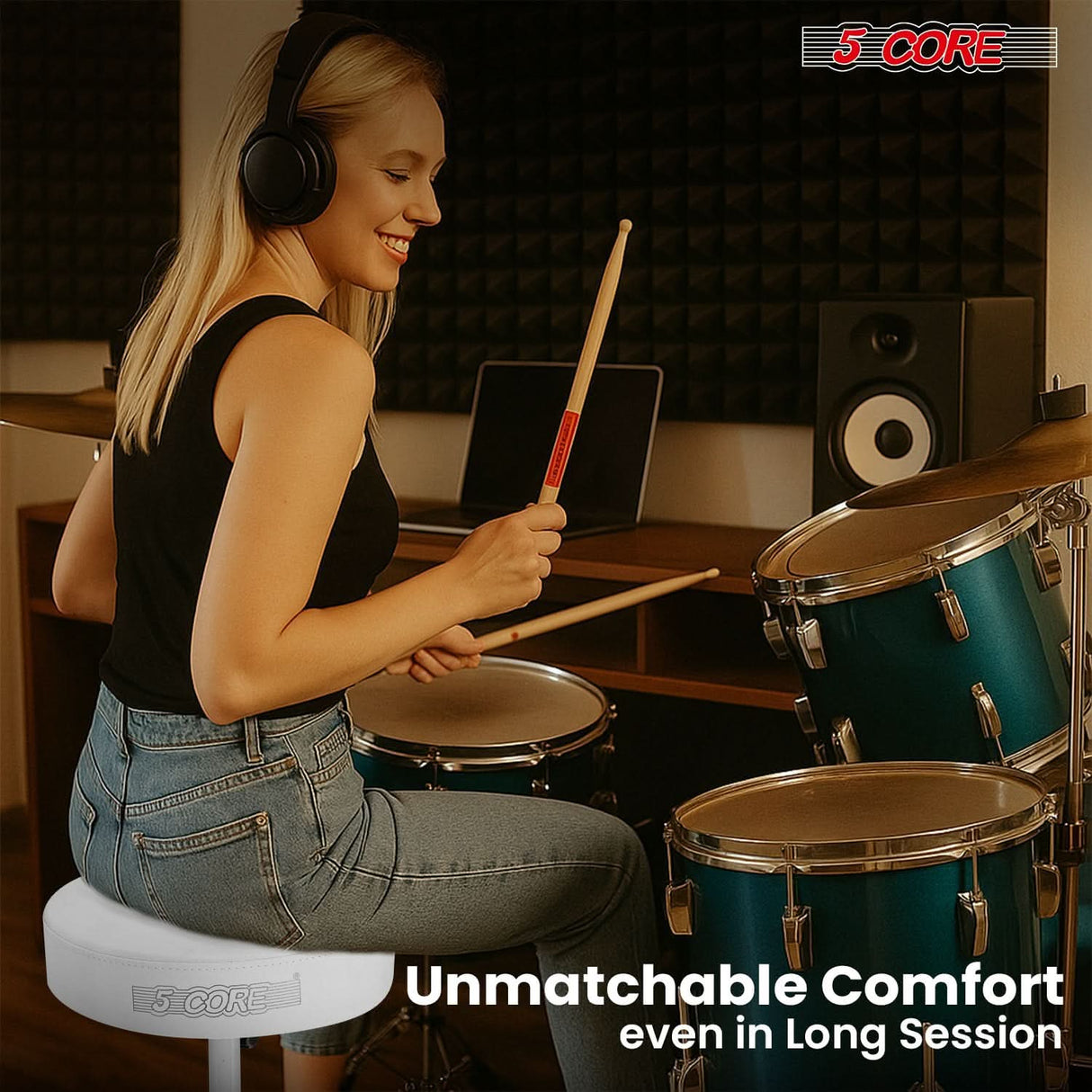 5 Core Drum Throne 3" Thick Padded Memory Foam Comfortable Drummer Stool 330Lb Capacity Adjustable