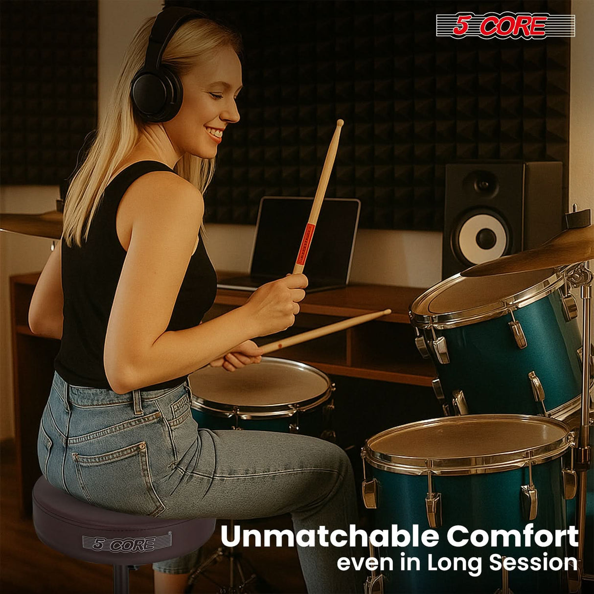 5 Core Drum Throne 3" Thick Padded Memory Foam Comfortable Drummer Stool 330Lb Capacity Adjustable