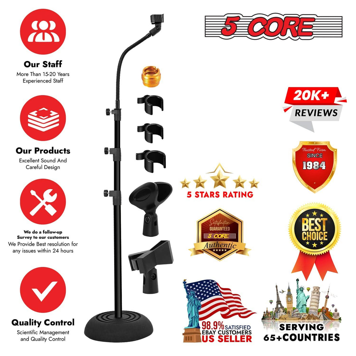 5Core Mic Stand Pair Floor Adjustable Universal Heavy Duty Gooseneck Microphone Stands Round Base Soporte De micrófono