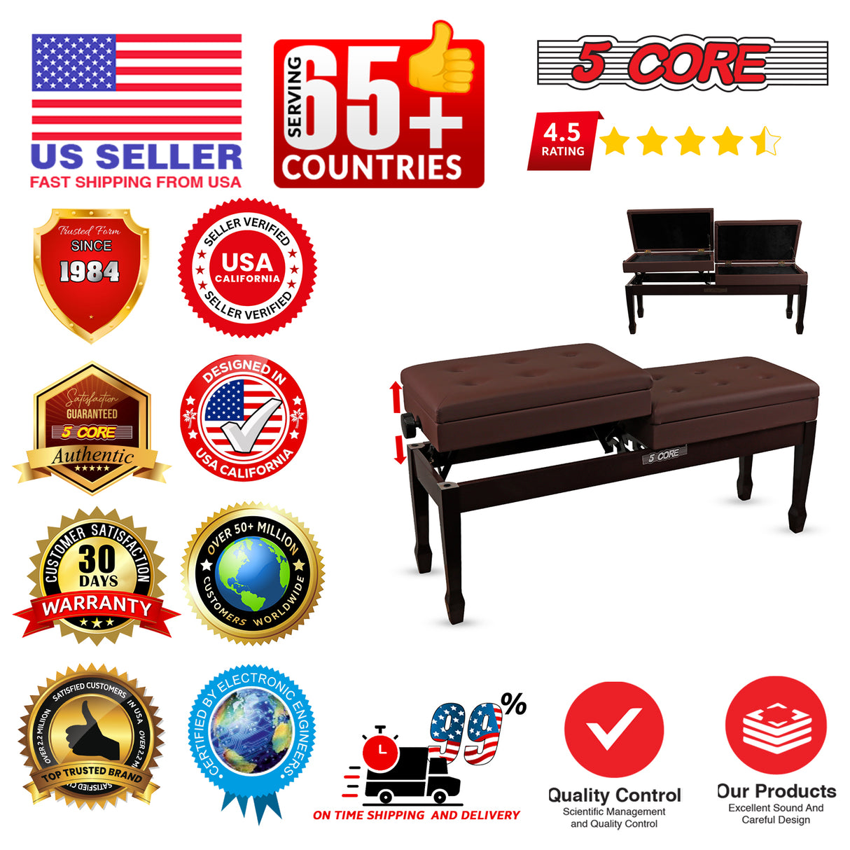 5 Core Duet Piano Bench 3.5 Inch Padded Cushioned Stool Wooden Heavy Duty Musician Chair w Storage