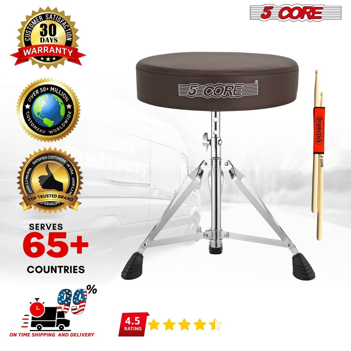 5Core adjustable drum throne with cushioned seat and practice pad