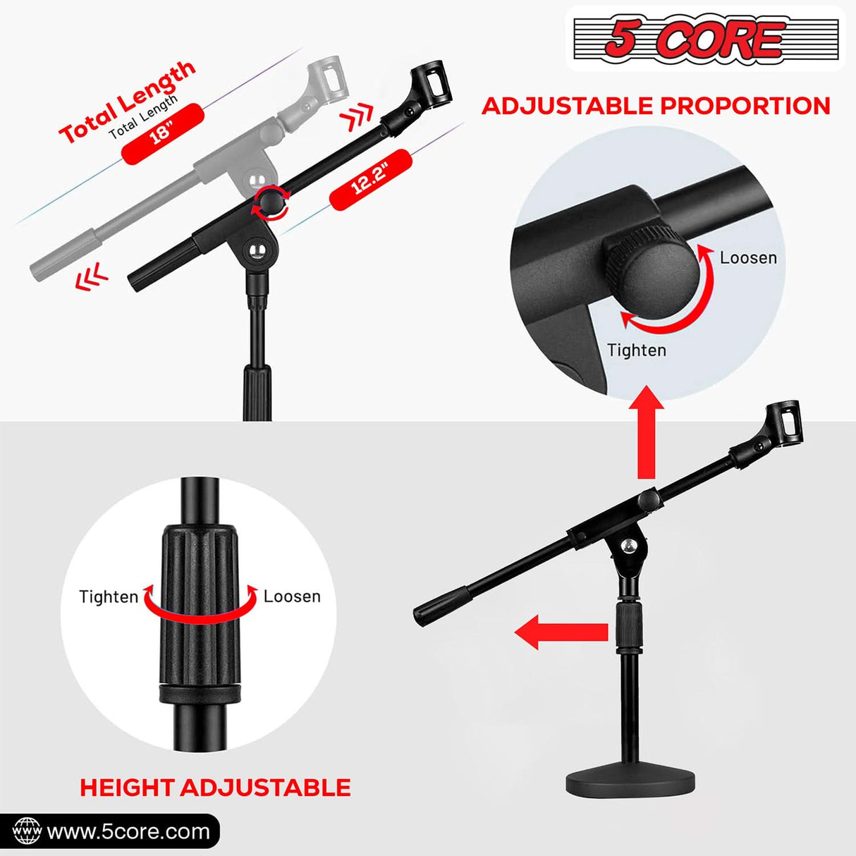 5Core Round Base Mic Stand compact design tabletop angle view