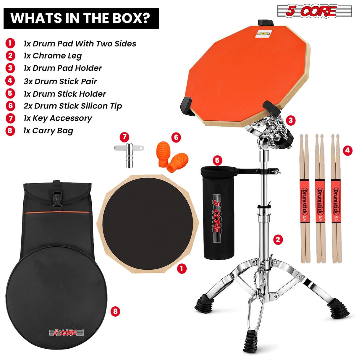 5Core Drum Throne Adjustable Guitar Stool Padded Seat + Drum Practice Pad Snare Drumming Stand