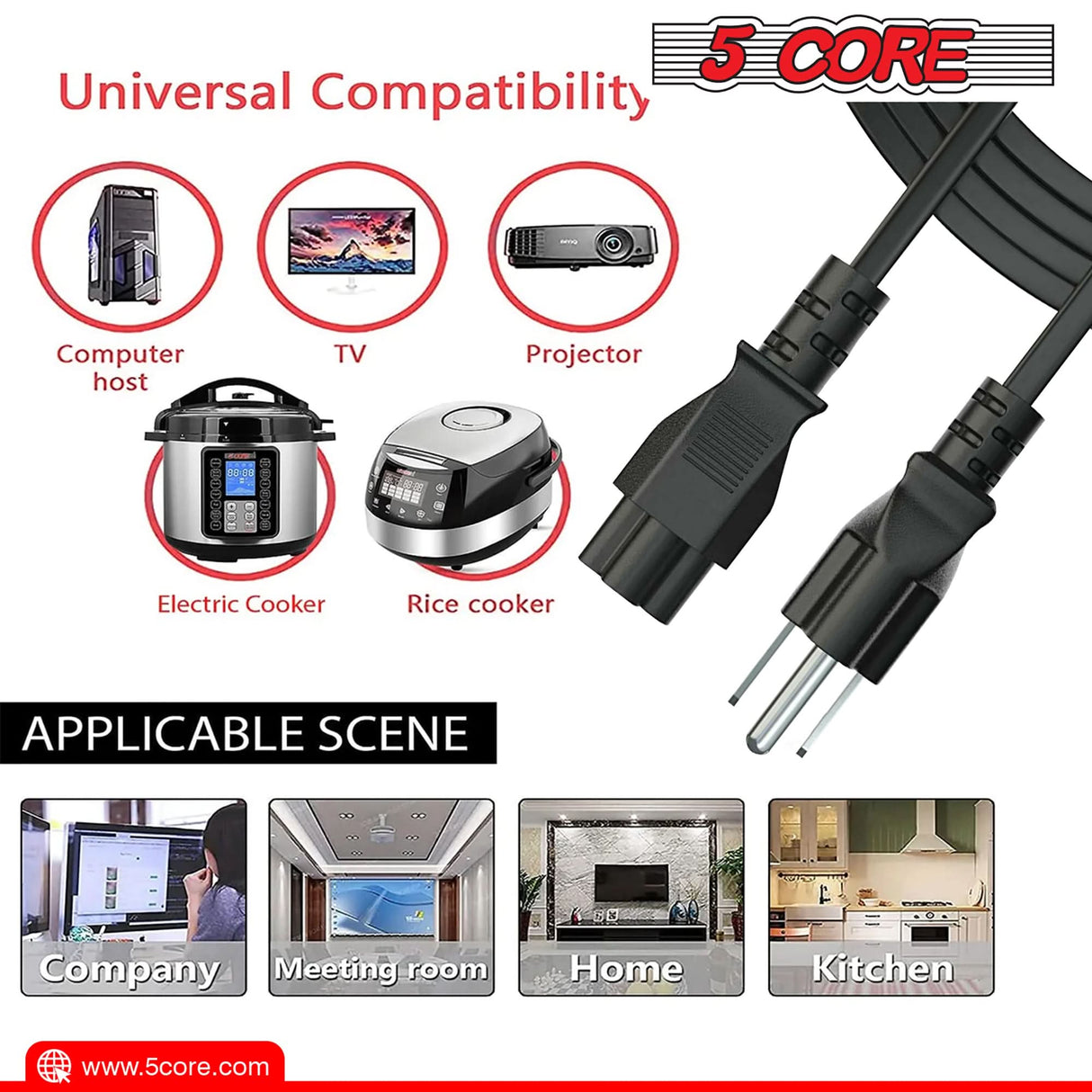 5Core 3-Prong Power Extension Cord Thick Insulation View