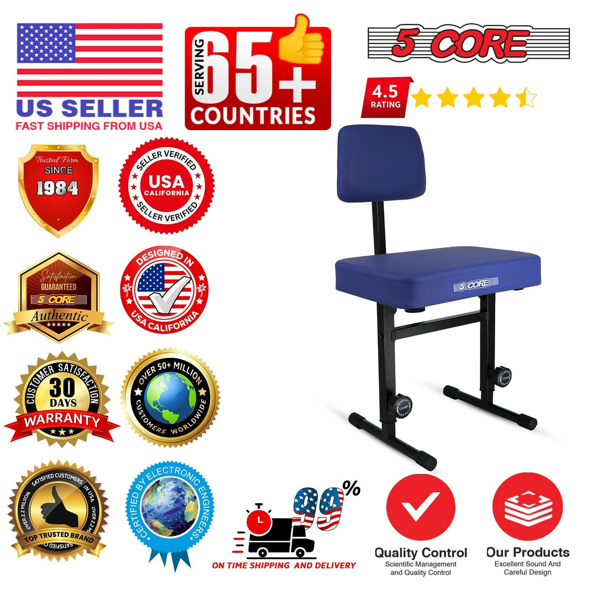 5 Core Piano Bench 3" Padded Cushioned Stool w Backrest Heavy Duty Musician Chair Height Adjustable
