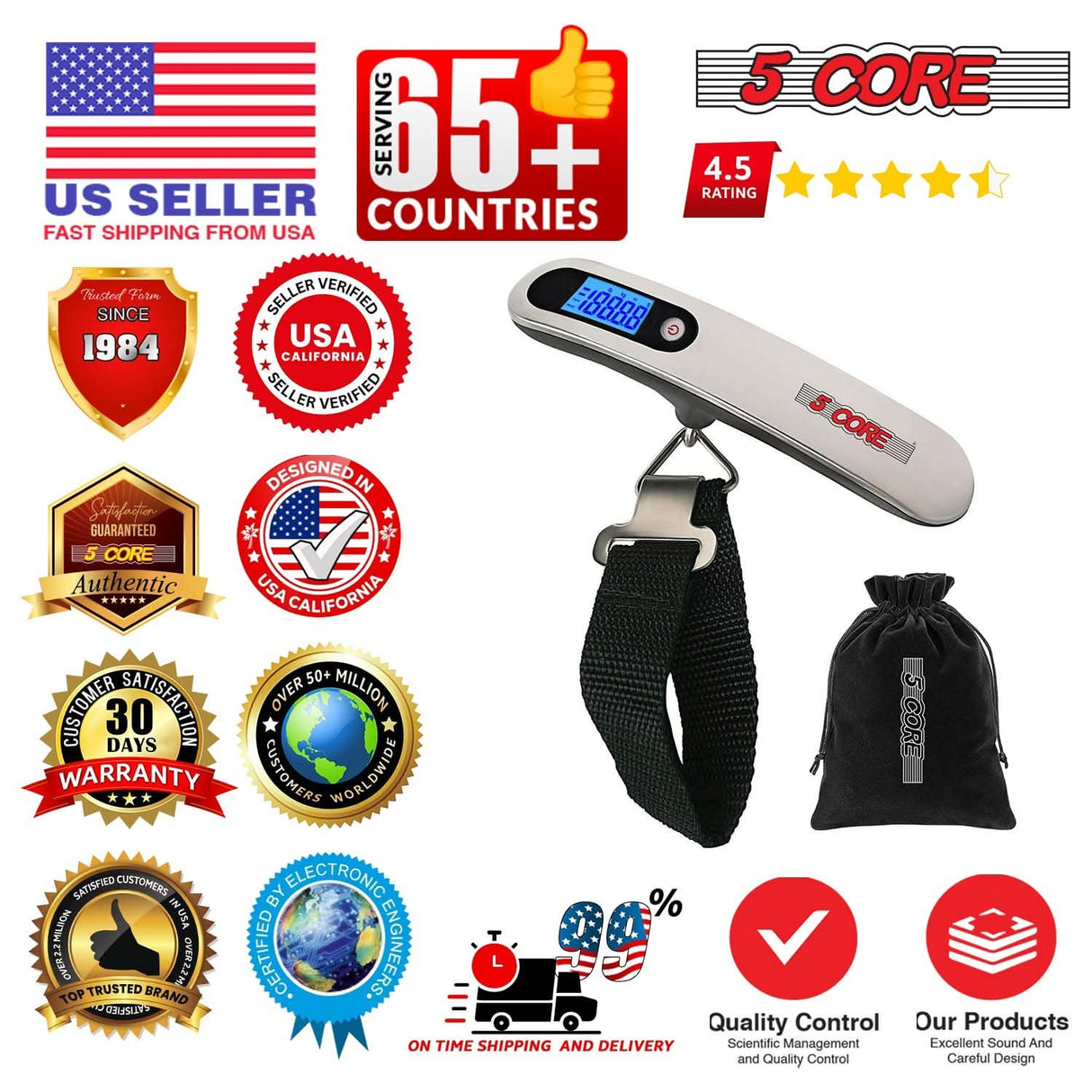 5 Core Lugage Scale Pair Portable Digital Handheld Hanging Baggage Scales 110lbs w Bright Backlit