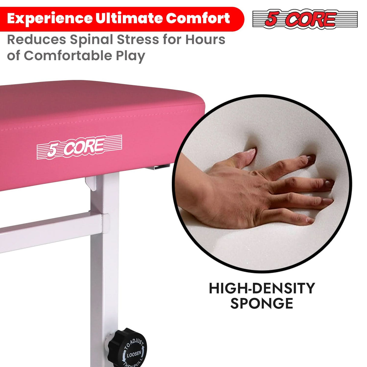 5 Core piano stool thick foam padding top angle view