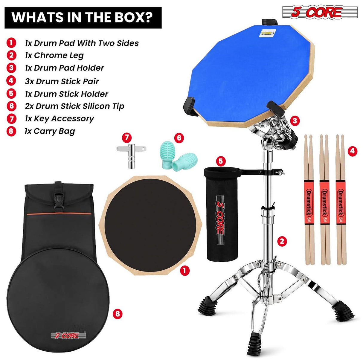 Adjustable height stool with cushioned seat and drum practice accessory