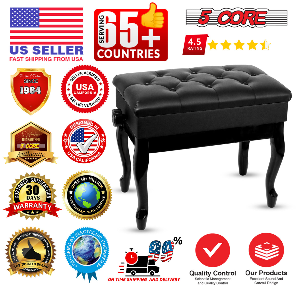 5 Core Piano Bench 3" Padded Cushioned Stool Wooden Heavy Duty Adjustable Musician Chair w Storage
