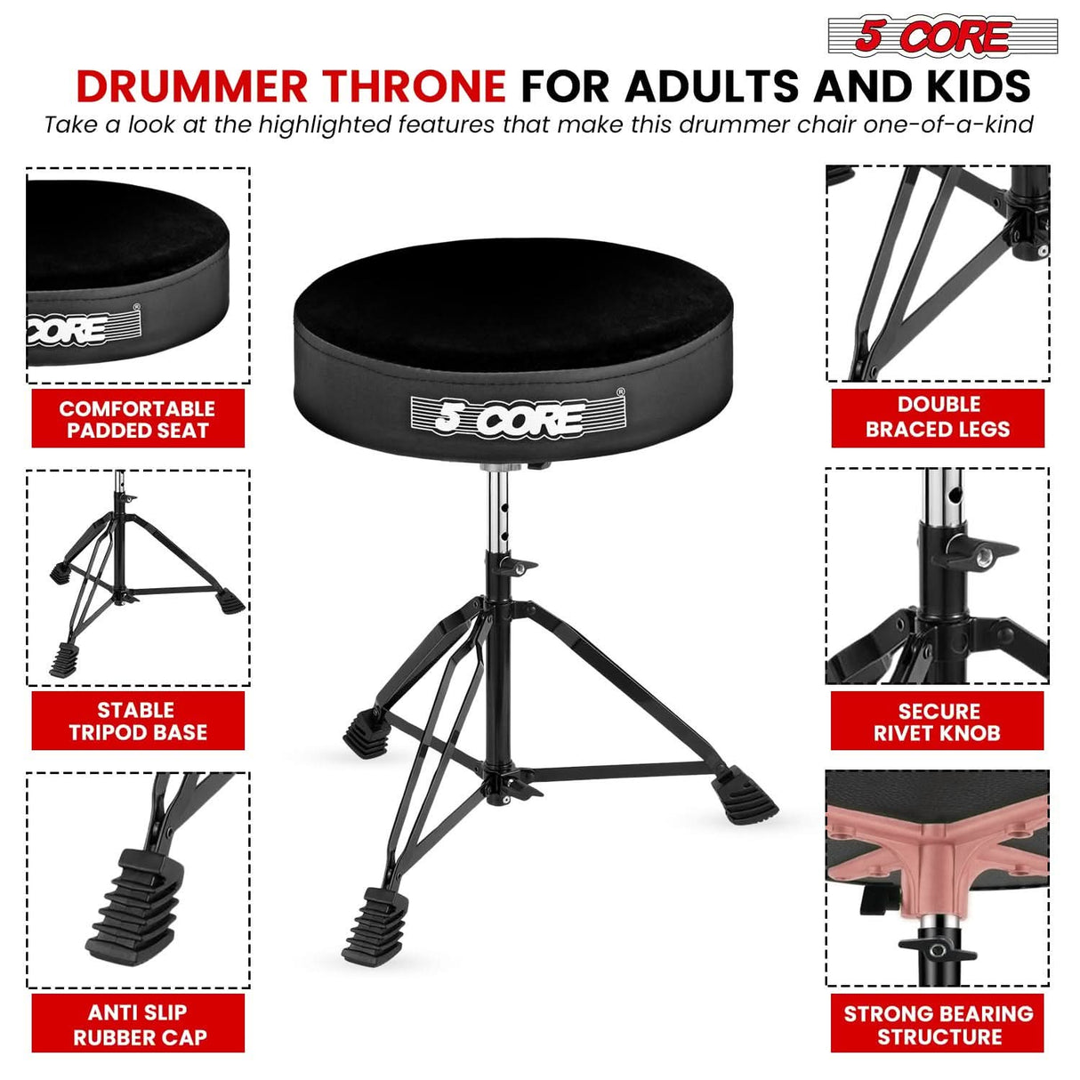 Multi-purpose drum throne with cushioned seat and snare pad