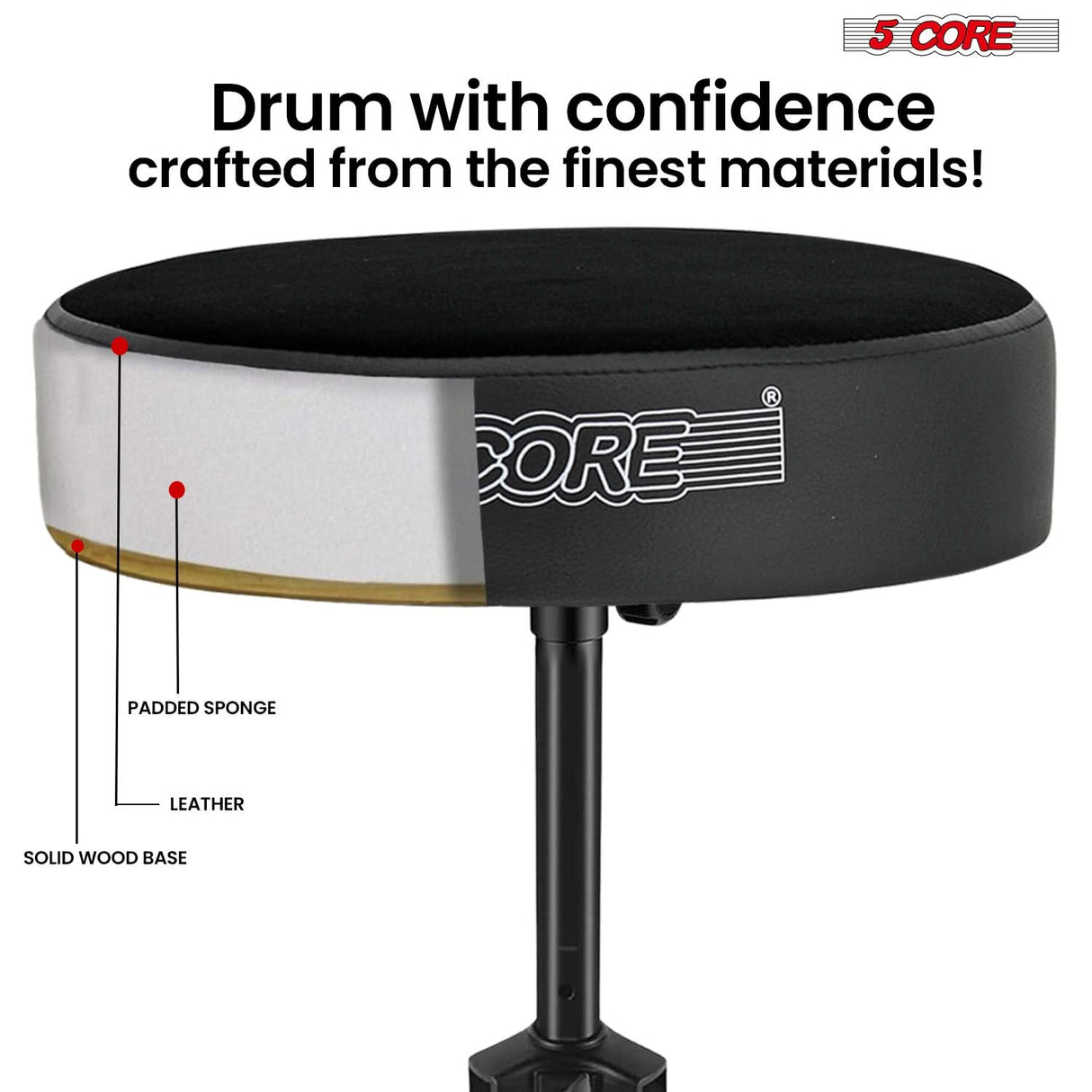 5 Core Drum Throne 3" Thick Padded Memory Foam Comfortable Drummer Stool 330Lb Capacity Adjustable