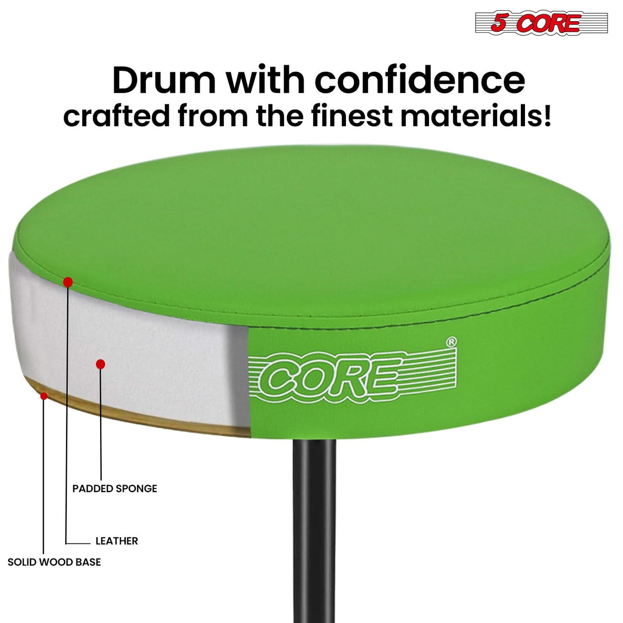 5 Core Drum Throne 3" Thick Padded Memory Foam Comfortable Drummer Stool 330Lb Capacity Adjustable