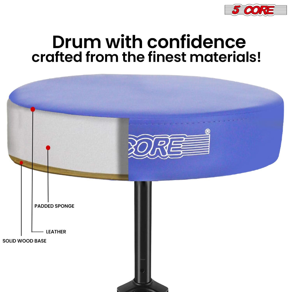 5 Core Drum Throne 3" Thick Padded Memory Foam Comfortable Drummer Stool 330Lb Capacity Adjustable
