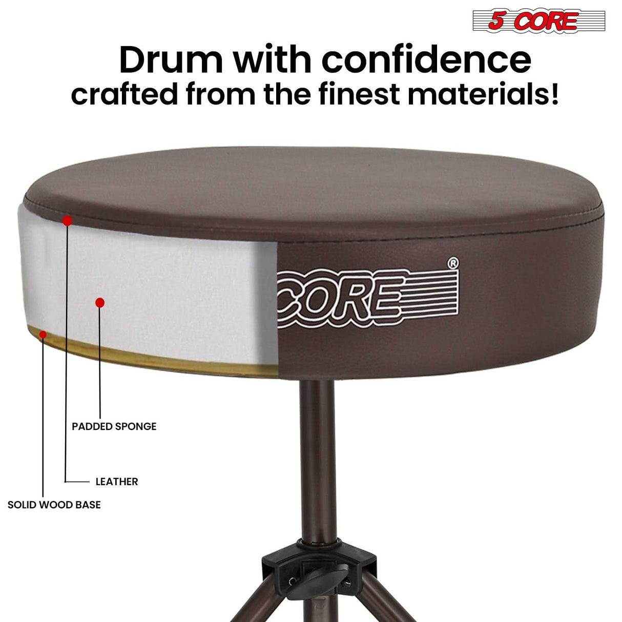 5 Core Drum Throne 3" Thick Padded Memory Foam Comfortable Drummer Stool 330Lb Capacity Adjustable