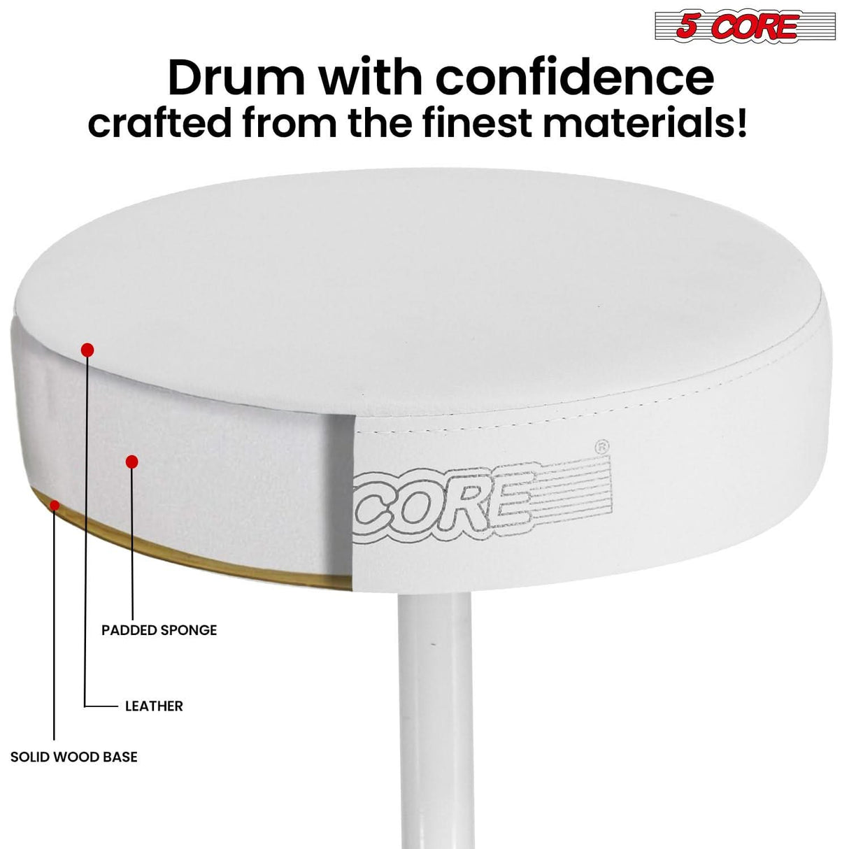 5 Core Drum Throne 3" Thick Padded Memory Foam Comfortable Drummer Stool 330Lb Capacity Adjustable