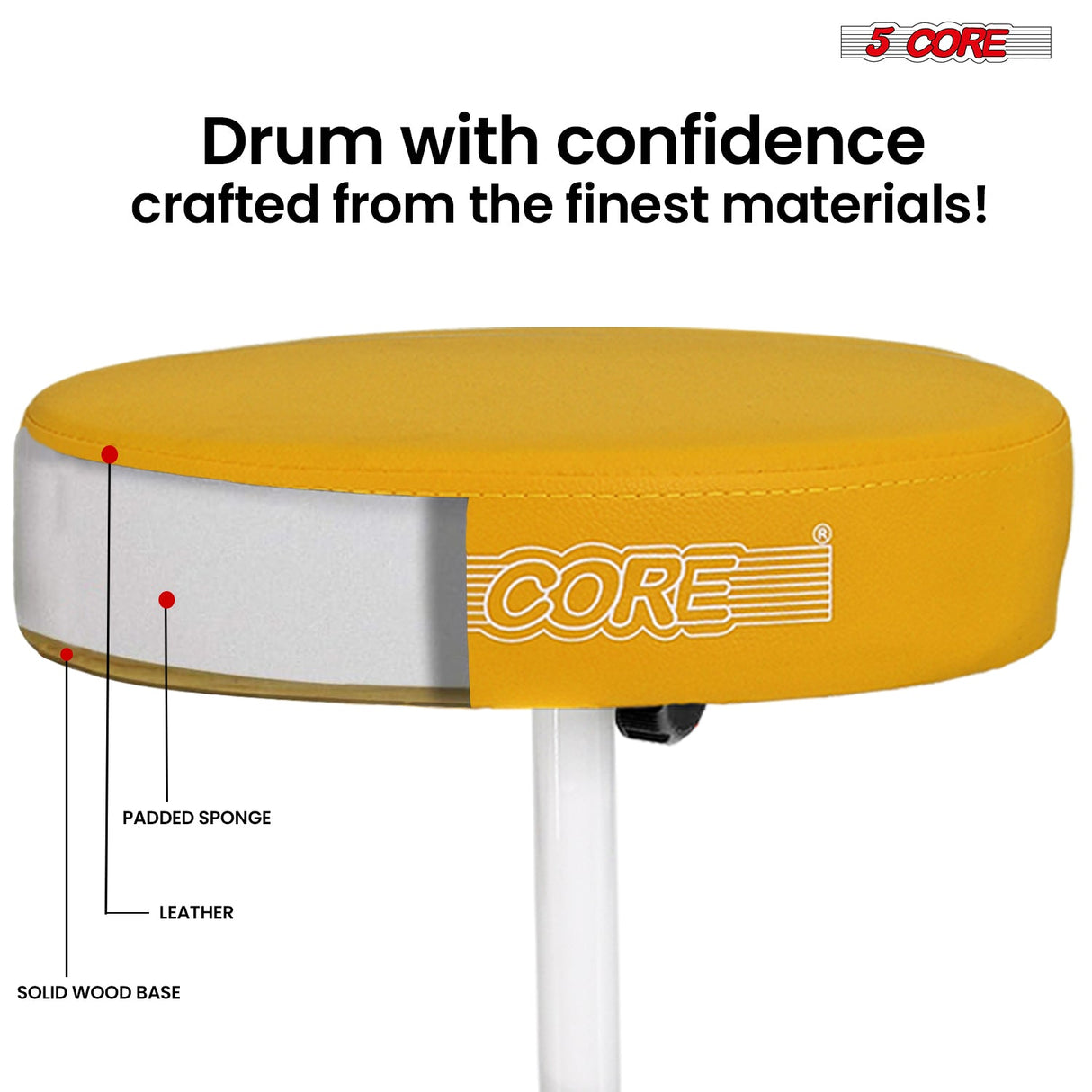 5 Core Drum Throne 3" Thick Padded Memory Foam Comfortable Drummer Stool 330Lb Capacity Adjustable
