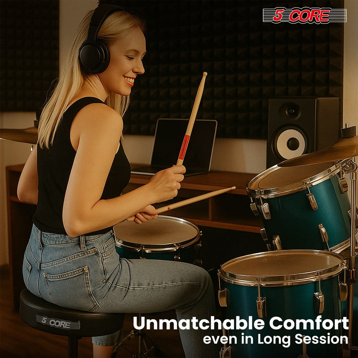 5 Core Drum Throne 3" Thick Padded Memory Foam Comfortable Drummer Stool 330Lb Capacity Adjustable