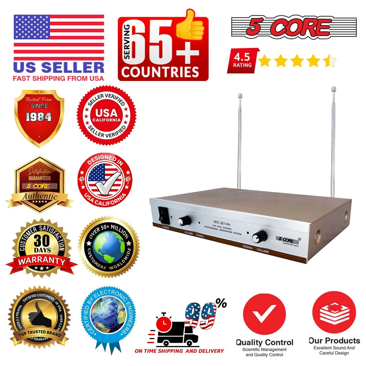 5Core Wireless Microphones w 2 Headset Portable Mini Microfono Inalambricos + Receiver 165ft Range