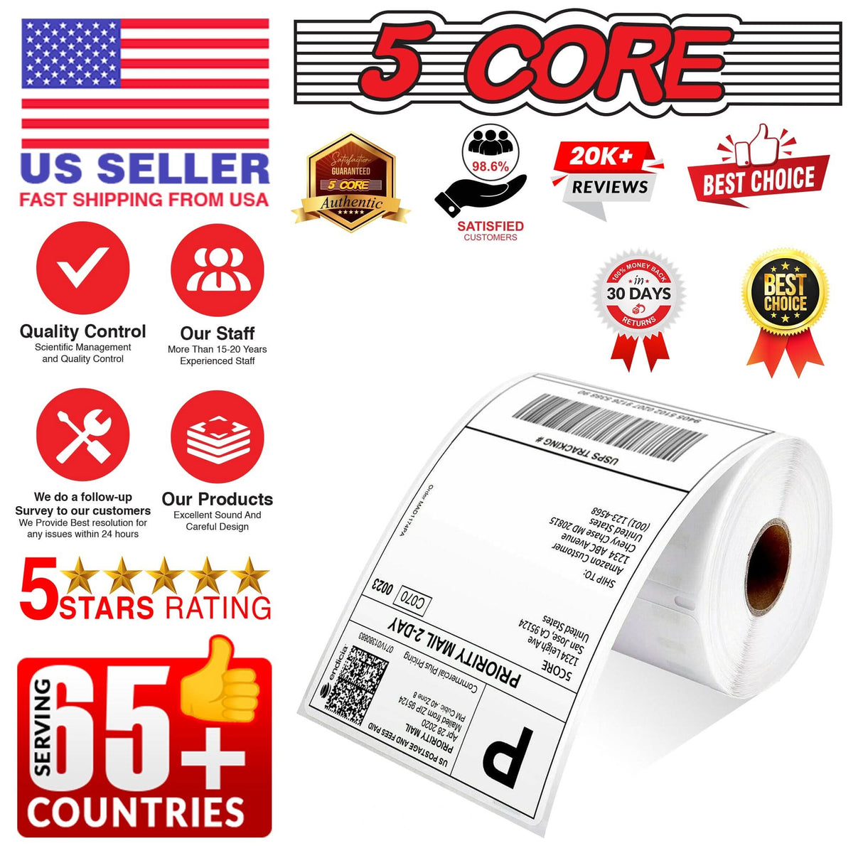 250-label 4x6 rolls, thermal paper with perforation for clean and easy use