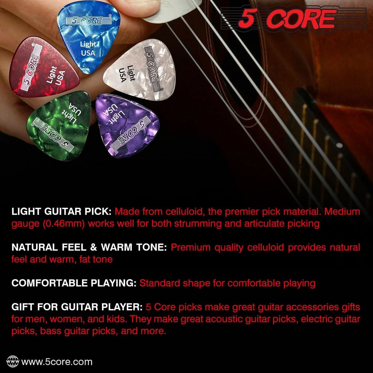 Red 0.46mm picks by 5Core made of flexible celluloid for guitarists