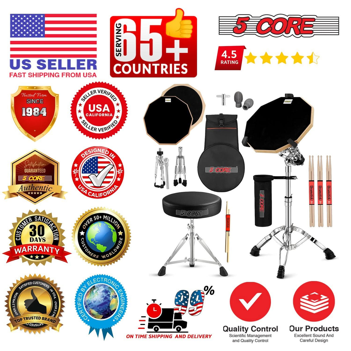 5Core Drum Throne Adjustable Guitar Stool Padded Seat + Drum Practice Pad Snare Drumming Stand