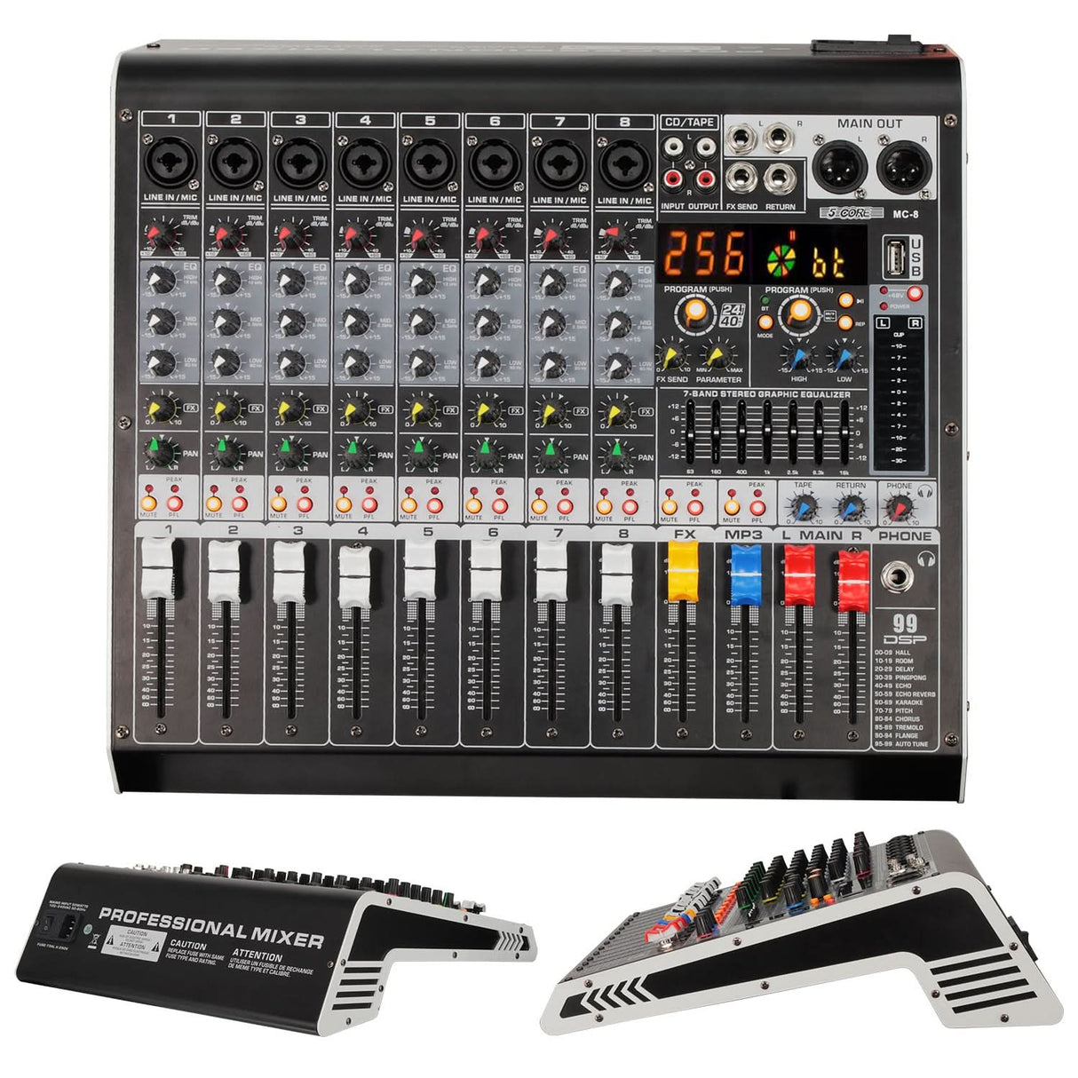 5 Core Audio Mixer 8 Channel DJ Soundboard USB Interface Bluetooth Mixing Console w 99 DSP Effect