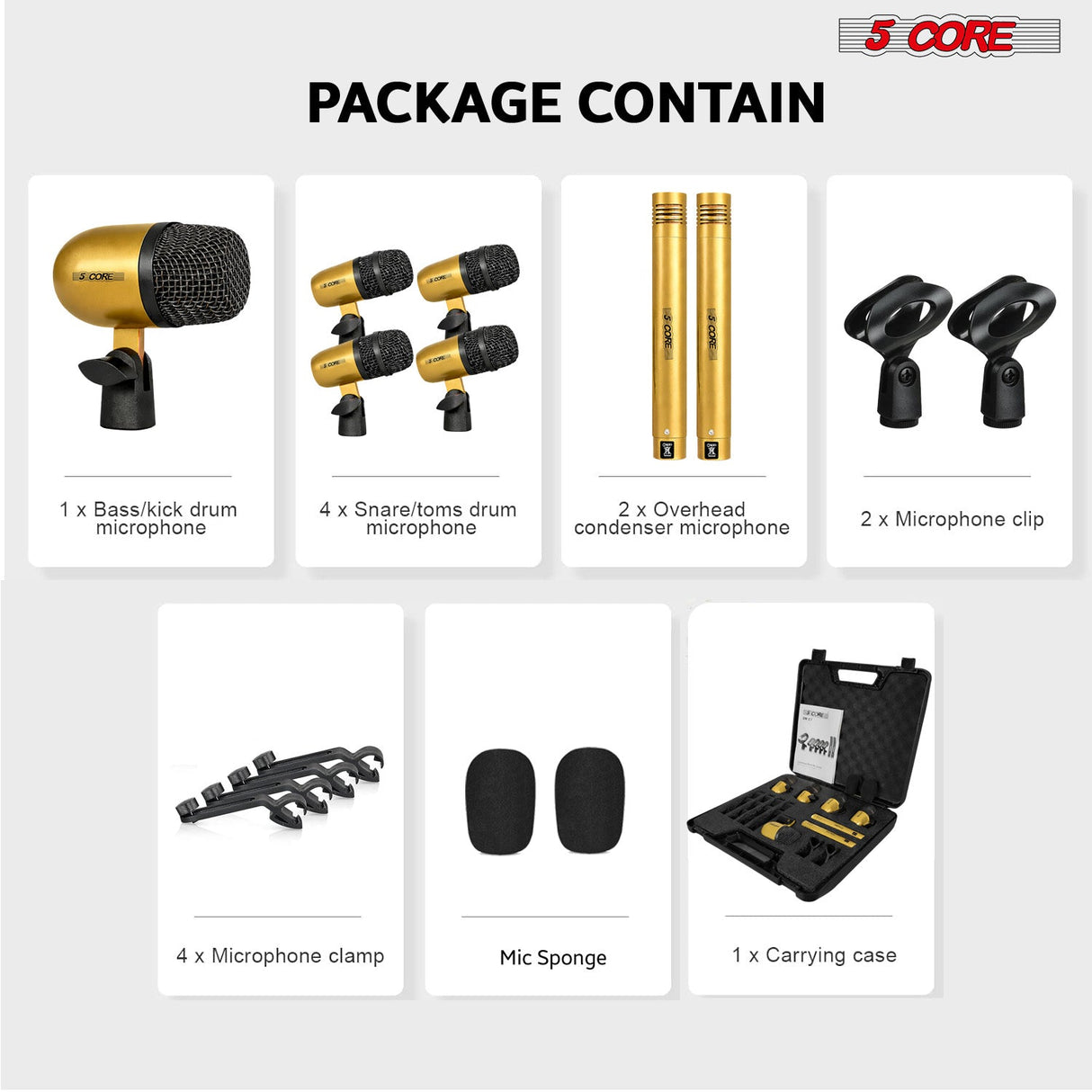 5 Core Drum Microphone Kit 7Pc All Metal Drummer Mics Tom/Snare & Cymbals Wired Instrument Drums Set