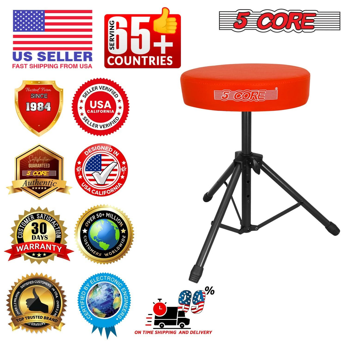 5 Core Drum Throne 3" Thick Padded Memory Foam Comfortable Drummer Stool 330Lb Capacity Adjustable