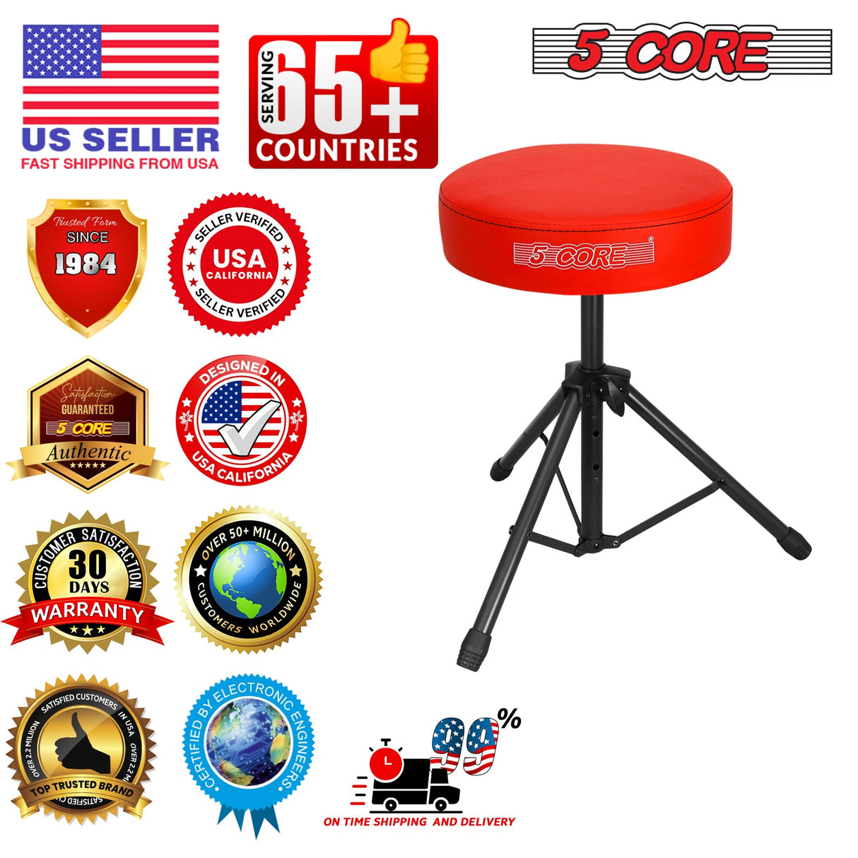 5 Core Drum Throne 3" Thick Padded Memory Foam Comfortable Drummer Stool 330Lb Capacity Adjustable