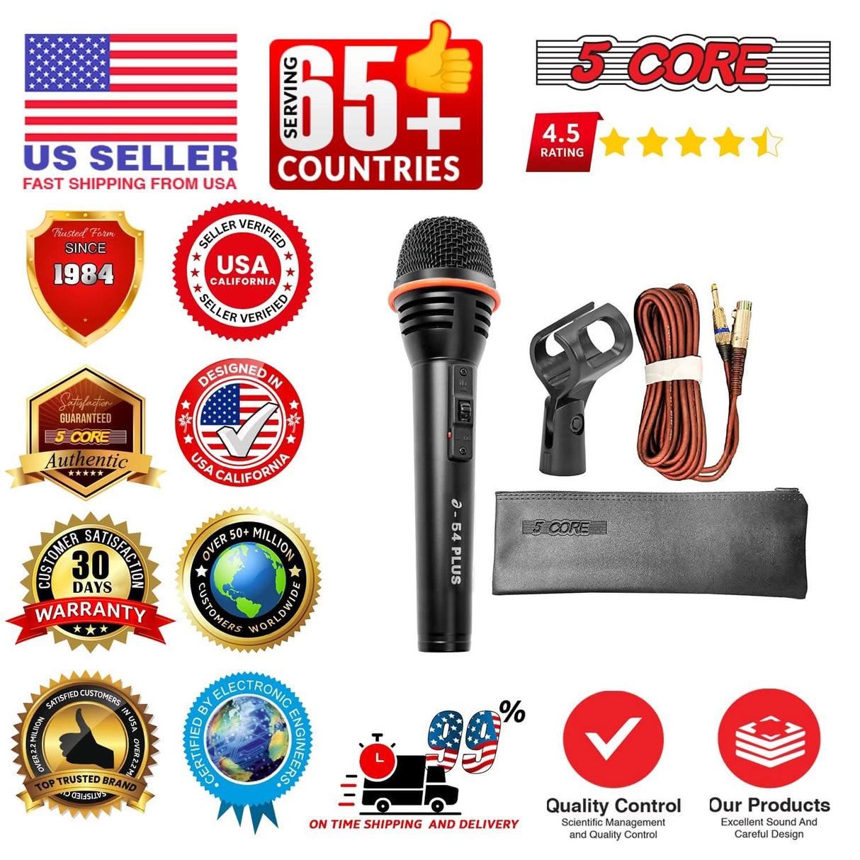 5 Core Microphone 2Pc Dynamic Vocal Handheld Mic Cardioid Singing Karaok Microfono w On Off Switch