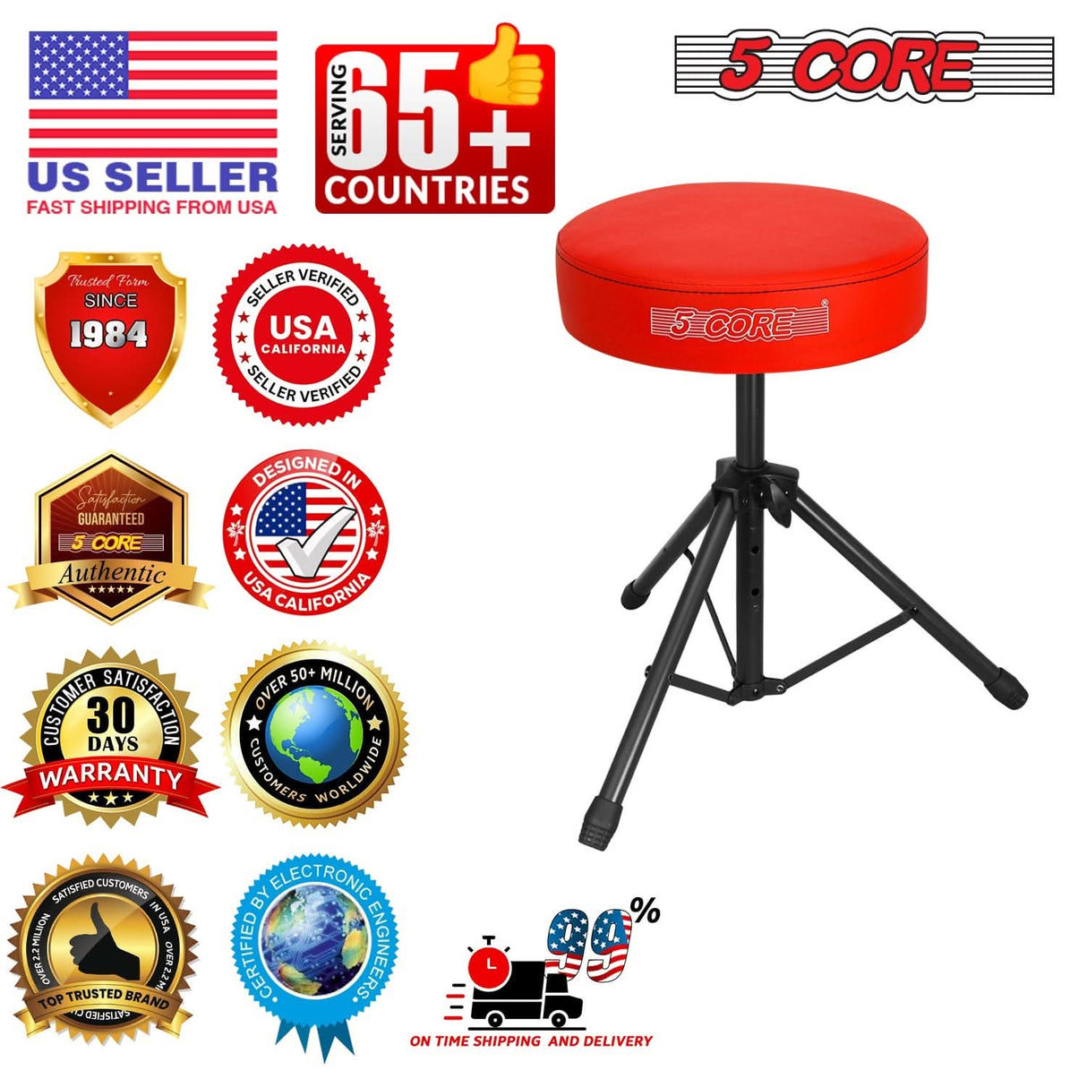 5 Core Drum Throne 3" Thick Padded Memory Foam Comfortable Drummer Stool 330Lb Capacity Adjustable