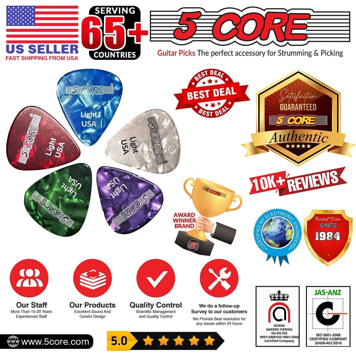 Red 0.46mm celluloid guitar picks by 5Core for soft and easy strumming