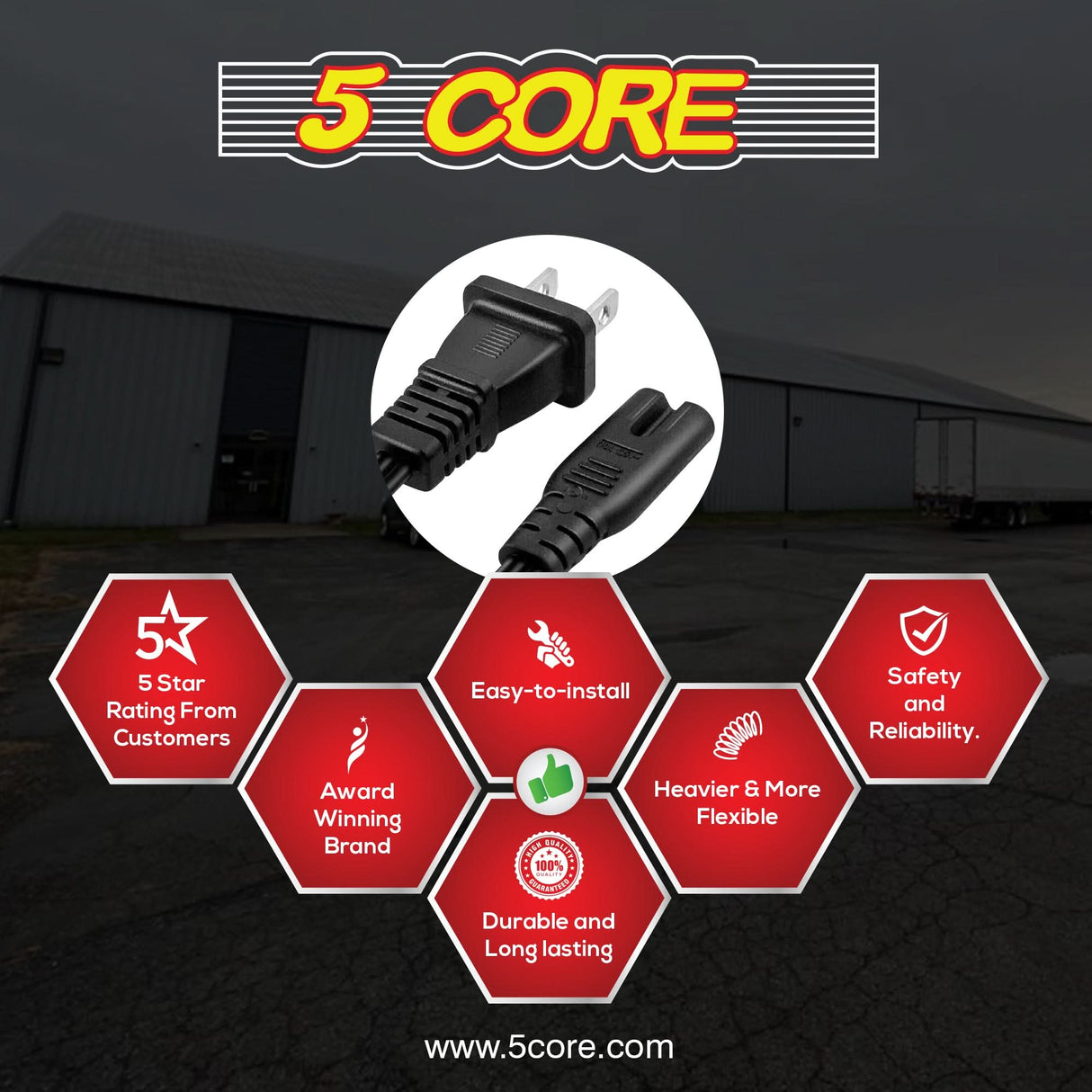 5Core AC Power Cord 6ft 2 Prong extension cable straight view