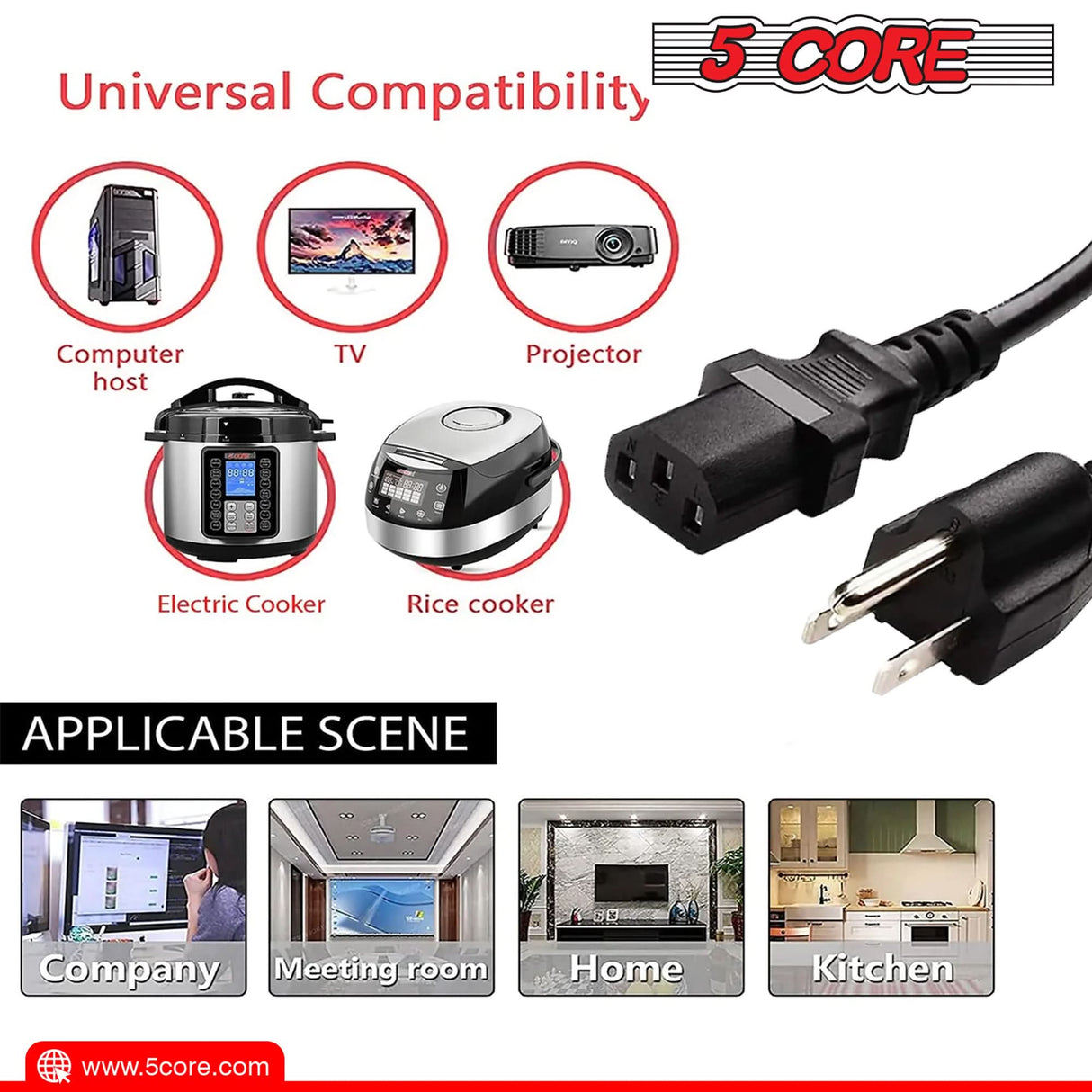 5Core AC Power Extension Cord safe grounded design view