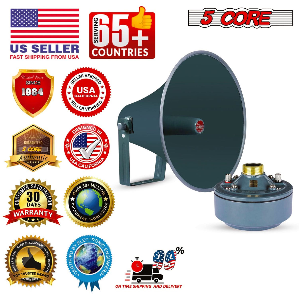 5Core PA Horn Speaker Set 2" Compression Driver 600W 16 Ohm Weatherproof Aluminum Body 18 TPI Thread