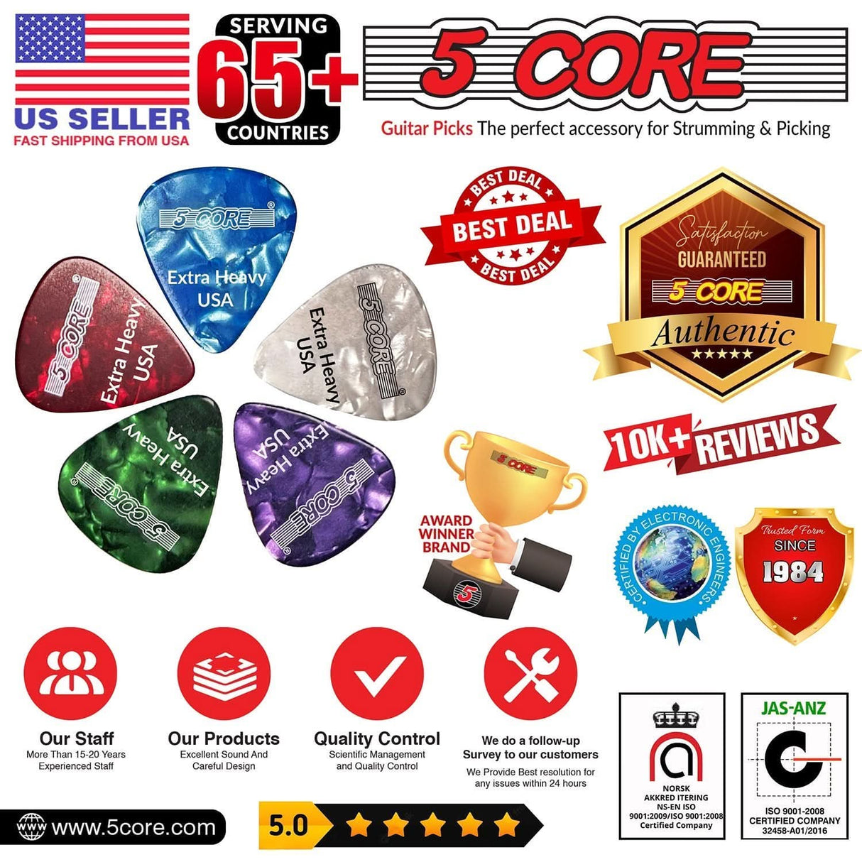 5Core red extra heavy guitar picks with 1.2mm celluloid design
