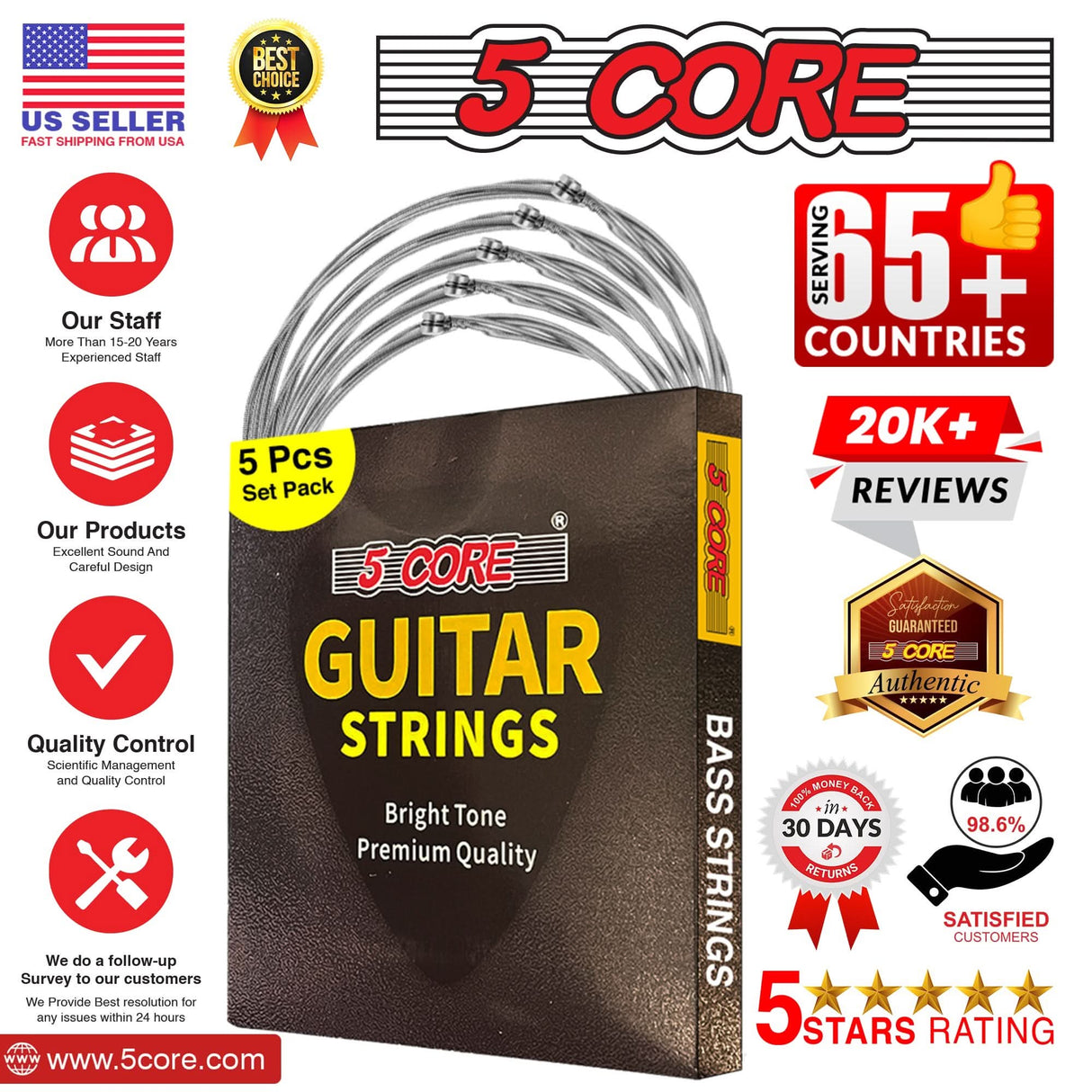 5Core bass strings for professional musicians and beginners