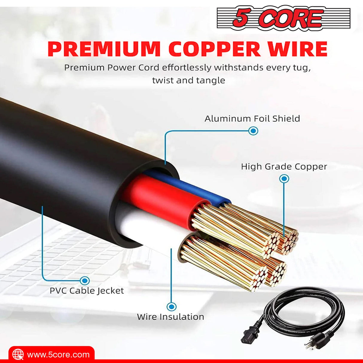 5Core AC Power Cord 10Ft 3-Prong Reliable Extension Cable View