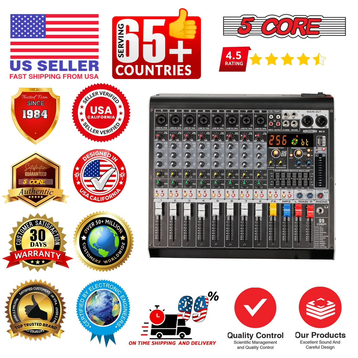 5 Core Audio Mixer 8 Channel DJ Soundboard USB Interface Bluetooth Mixing Console w 99 DSP Effect