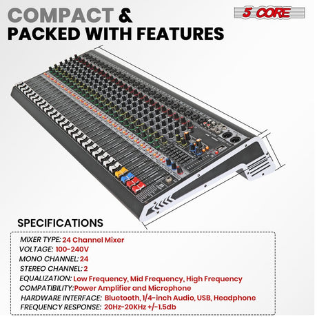 5Core professional 24-channel DJ audio mixer, Bluetooth, USB, PC recording, PA system support