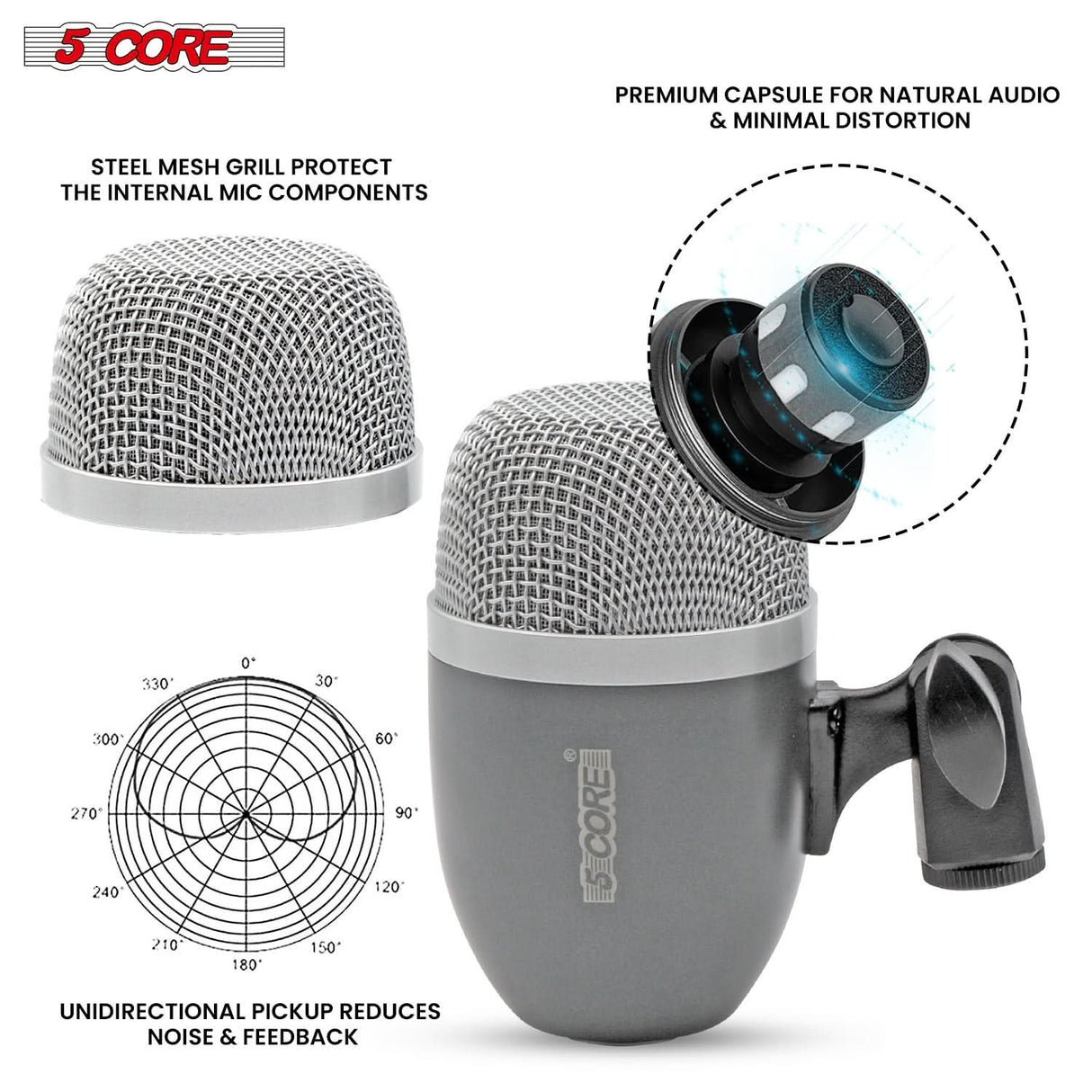 Dynamic drum mic by 5Core perfect for tom, snare, and percussion instruments