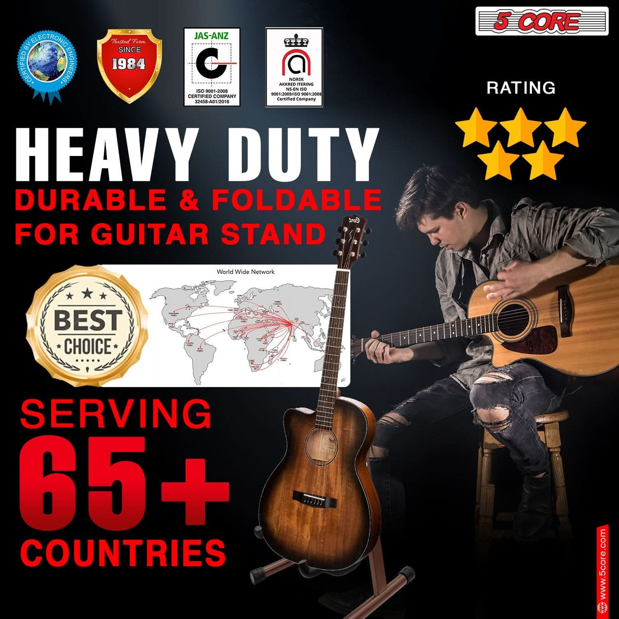 Rustic brown 5Core floor stand for acoustic and electric guitars