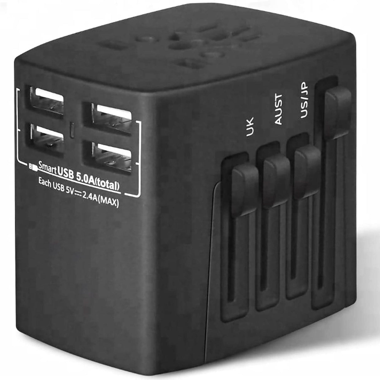 Black universal travel adapter with 4 USB ports
